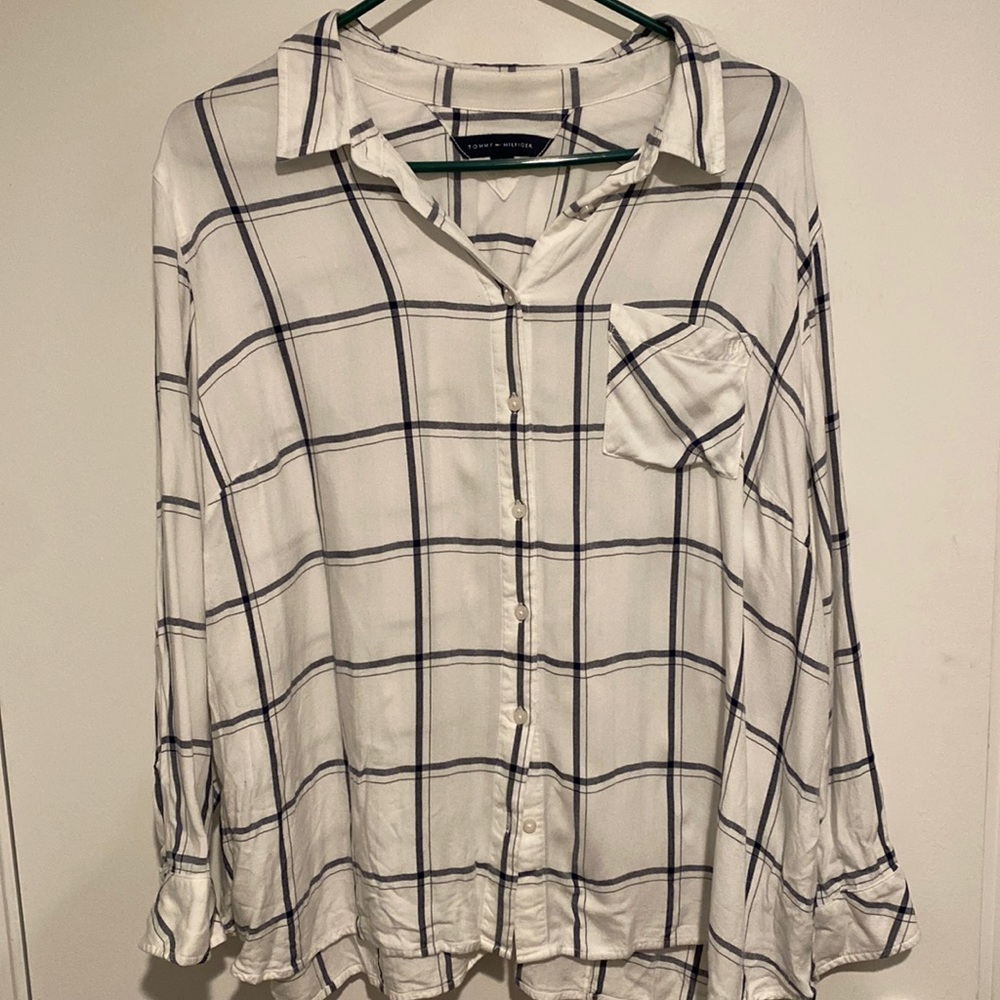 White and Blue plaid long sleeve  button up